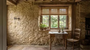 Traditional British country cottage window dressed with rustic woven natural blinds