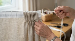 Close-up of curtain heading tape gathering classic pencil pleat curtains