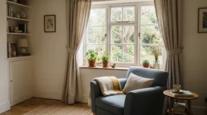 A sleek metal curtain pole fitted above a compact lounge window with neutral linen drapes
