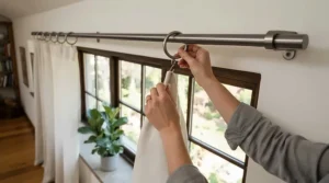 Person threading curtain rings for curtain pole onto a metal rail during home renovation
