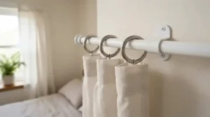 White plastic curtain rings for curtain pole installed on a bedroom window rail for smooth operation