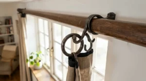 Close-up of smooth curtain rings for curtain pole fitted on a wooden rail in a British living room