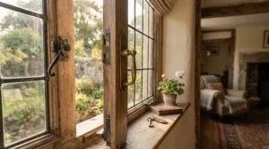Polished brass curtain rings for curtain pole complementing a classic Victorian living room interior