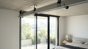 Minimalist ceiling mounted curtain track vs traditional curtain pole in a bedroom.