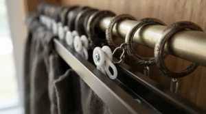 Detailed view of glider runners and decorative rings for curtain track vs curtain pole setups.