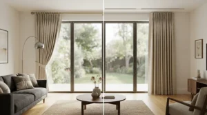 A modern living room showing curtain track vs curtain pole options for large windows.