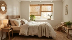 Eco-friendly woven natural blinds creating a relaxing, cosy atmosphere in a master bedroom