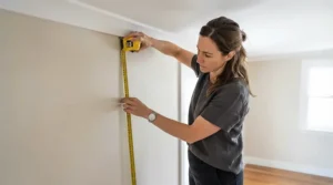 An adjustable curtain pole length guide being used by a homeowner with a tape measure.