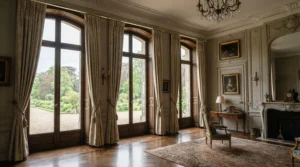 An extendable curtain pole for large windows fitted inside a traditional high-ceilinged Victorian townhouse.