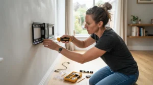 A DIY enthusiast assembling an extendable curtain pole for large windows using basic household tools