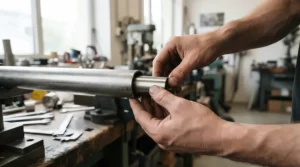Close-up showing a telescopic curtain pole UK adjustment mechanism being pulled to fit a wider space.