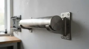 A robust pole diameter for heavy curtains mounted above a panoramic glazed door.