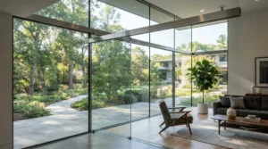 A long curtain pole for wide windows supporting luxurious drapes in a modern apartment.
