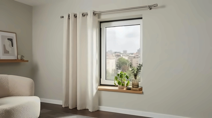 A compact brushed steel curtain pole for small windows holding modern eyelet curtains