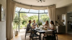 Flexible curtain poles for bay windows holding eyelet drapes in a dining area