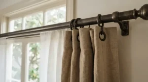 Close-up of a thick curtain pole diameter designed to support heavy thermal drapes in a modern British bedroom.