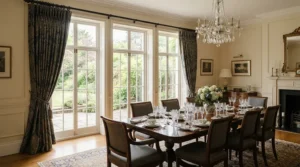 Elegant heavy duty curtain pole for thick curtains framing floor-length damask drapes in a formal dining room.
