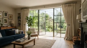 A sturdy heavy duty curtain pole for thick curtains installed securely above a large bay window in a London townhouse.