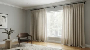 An industrial-style metal pole for heavy curtains fitted with sturdy finials in a contemporary Manchester apartment.
