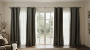 An engineered solution showing curtain pole sag prevention on a heavy duty curtain pole for thick curtains in a period property.