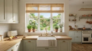 Contemporary British kitchen with handmade woven natural blinds filtering light above the sink