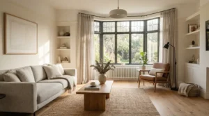 Cosy British living room featuring bespoke woven natural blinds on a bay window, letting in soft daylight