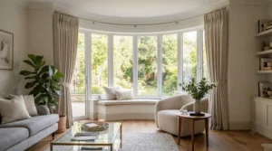 Polished metal curtain poles for bay windows fitted in a bright Victorian living room