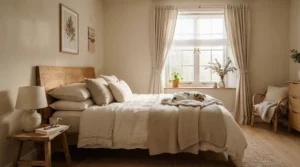 Coordinating room style with metal curtain poles vs wooden curtain poles in a master bedroom.