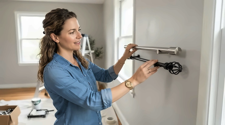 A homeowner reviewing metal curtain poles vs wooden curtain poles samples during home renovation.