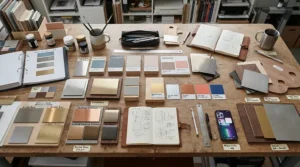 A palette showing finish options when deciding on metal curtain poles vs wooden curtain poles.