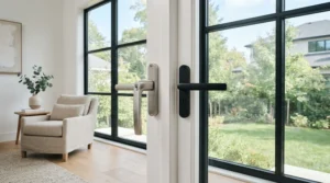 An illustration showing metal curtain poles vs wooden curtain poles installed in a contemporary British living room.
