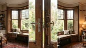 Traditional styling considerations for metal curtain poles vs wooden curtain poles in a period home.