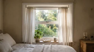 A slim curtain pole for small windows installed inside a cosy bedroom window recess