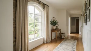 Neutral grey pencil pleat curtains hanging by a front entrance door