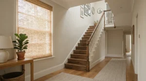 Welcoming hallway and staircase in a UK townhouse styled with matching woven natural blinds