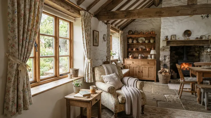 Patterned pencil pleat curtains adding charm to a country cottage interior