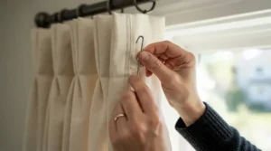 Pencil pleat curtains being hung securely with metal curtain hooks