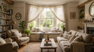 Elegant pencil pleat curtains hanging in a traditional British bay window