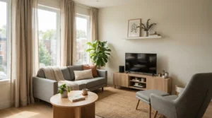 Pencil pleat curtains fitted neatly in a small budget apartment lounge