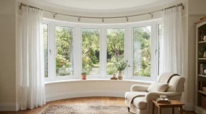 A curved slimline curtain pole for small windows fitted tightly into a Victorian bay