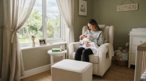 Textured soft blackout curtains for nursery styled with neutral tones and a rocking chair