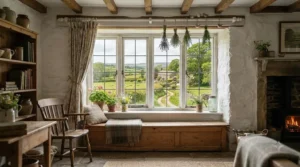 White wooden curtain poles for bay windows brightening a rustic country cottage