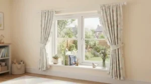 A discreet white curtain pole for small windows blending into a bright neutral nursery wall