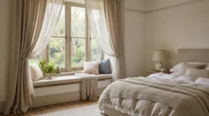 A sturdy wooden curtain pole with finials supporting blackout curtains in a cosy master bedroom