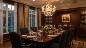 A dark wood wooden curtain pole with finials set against deep green walls in a formal dining room