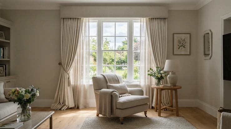 A classic wooden curtain pole with finials fitted above a traditional bay window in a British living room