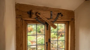 An oak wooden curtain pole with finials complementing a matching rustic wooden floor and furniture
