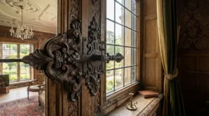 Traditional wooden curtain pole with decorative finials framing heavy patterned drapes in a period property