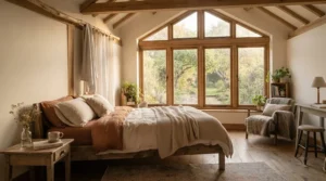 Natural wooden curtain poles for bay windows installed in a cosy period bedroom