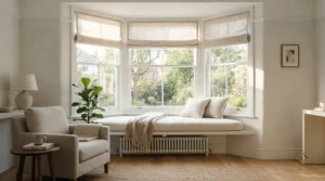 Woven natural blinds fitted neatly inside a bright British living room bay window, filtering soft daylight